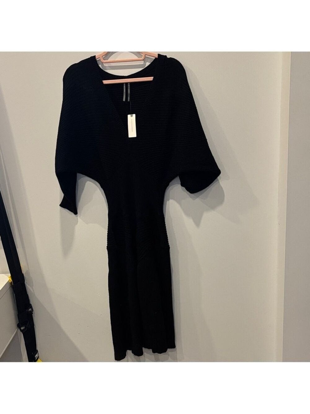Anthropologie Black Ribbed Knit Sweater Midi Dress Flutter Sleeve Small NWT 0598 - Picture 3 of 10